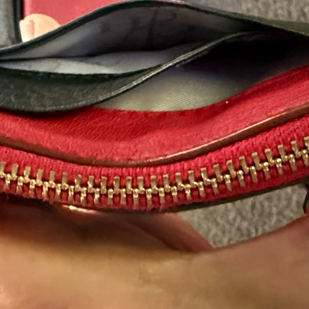 Cole Haan Black/Red Wristlet Card Keeper Zip Wallet. Silver Hardware. 4”x3”x.5” - Picture 6 of 11